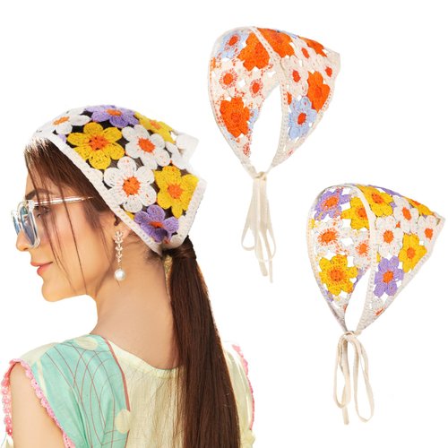Nogeqi 2pcs Crochet Bandana,Floral Crochet Headband for Women,Knitted Triangle Crochet Head Scarf,Girls Vintage Hair Accessories for Hair Styling Decor(Orange Yellow)