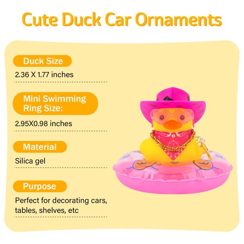 wonuu Rubber Duck Car Ornaments Yellow Duck Car Dashboard Decorations for Cute Car Accessories with Cowboy Hat Necklace and Sunglasses Swim Ring, Pink&Black Hat