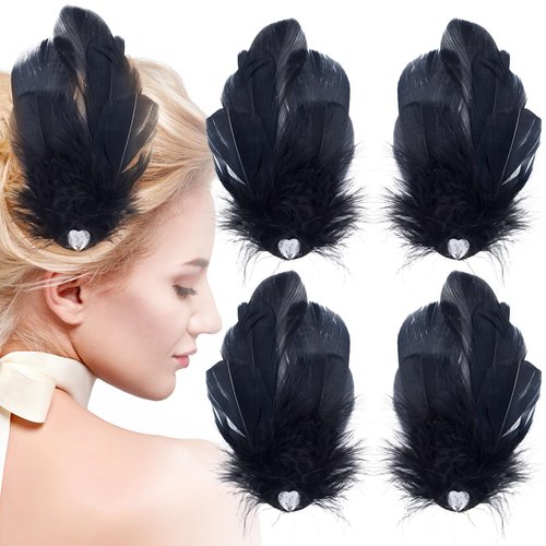 ANCIRS 4 Pack Feather Hair Clips for Women, Fly-Wing Shape Hair Barrettes Accessory Hairpins 1920s Flapper Headpiece Hair Piece for Swan Lake Cosplay Show Dancing Party Halloween Costume- Black