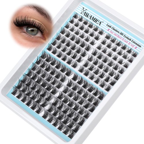 Yawamica Eyelash Clusters Wispy Lash Extension Russian Volume Lash Clusters D Curl Individual Lashes 10-16mm Mix Length Cluster Eyelash Extensions Fluffy Soft Cluster Lashes with Thin Band DIY Lash