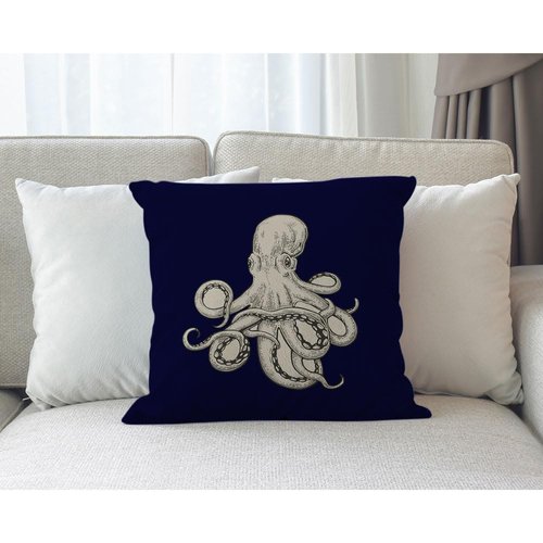 Moslion Octopus Pillow Case,Cute White Giant Octopus on Dark Blue Background Throw Pillow Case 18" x 18" Inch Cotton Linen Cushion Cover for Men Women Navy Blue White