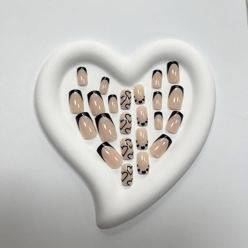 French Tip Press on Nails Short Square Fake Nails Black Acrylic Nails with White Heart Design Stick on Nails Artificial Full Cover Glossy Glue on Nails for Women Girls Valentine's Day Manicure 24pcs