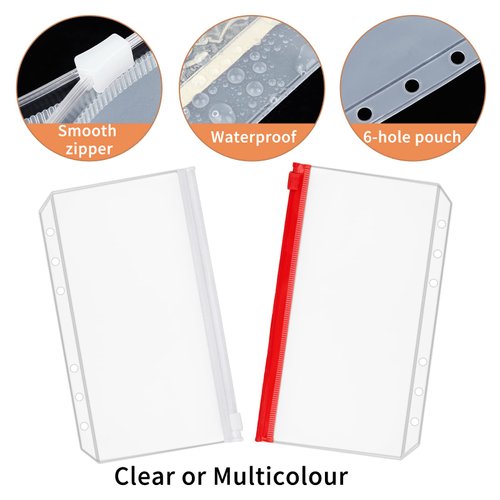 QiXin 60pcs A6 Binder Pockets 6 Holes Zipper Folders Clear PVC Card Loose Leaf Bags Cash Envelopes for Budgeting Binder Waterproof Document Filing Bags for 6 Ring Notebook Planner Inserts