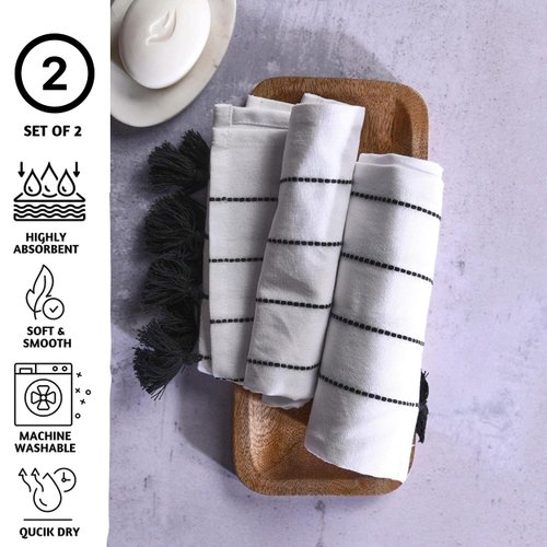 Folkulture Boho Hand Towels with Tassels for Bathroom Hanging and Decorative, Set of 2, 100% Cotton, 16" x 30" Inches (Hamilton Black and White)