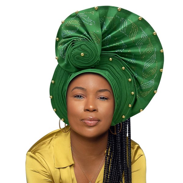 Nigerian Headtie African Head Wraps Already Made Auto Gele African Turban Cap for Party (Green)