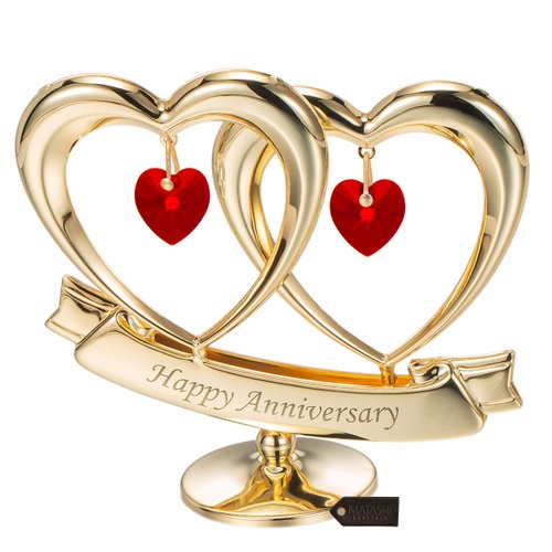 Matashi Gift for Couple - 24K Gold Plated "Happy Anniversary" Inscribed Double Heart Table Top Ornament w/Red Crystals - Wedding Anniversary Giftss for Her - Cake Topper & Mothers Day Gift for Mom
