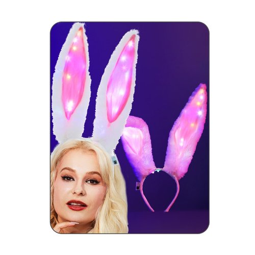 Uranian Light Up Bunny Ears Headbands White Rabbit Ears Hair Band Led Bunny Headband Flashing Furry Ears Headwear Cosplay Party Costume Hair Accessories for Women and Girls