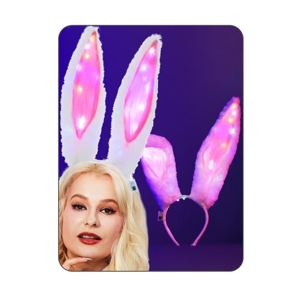 Uranian Light Up Bunny Ears Headbands White Rabbit Ears Hair Band Led Bunny Headband Flashing Furry Ears Headwear Cosplay Party Costume Hair Accessories for Women and Girls