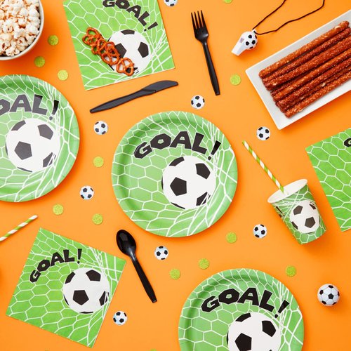 144-Piece Soccer Themed Birthday Party Supplies, Bundle Includes Paper Plates, Napkins, Cups, and Plastic Cutlery for Sports Themed Party Decorations (Serves 24)