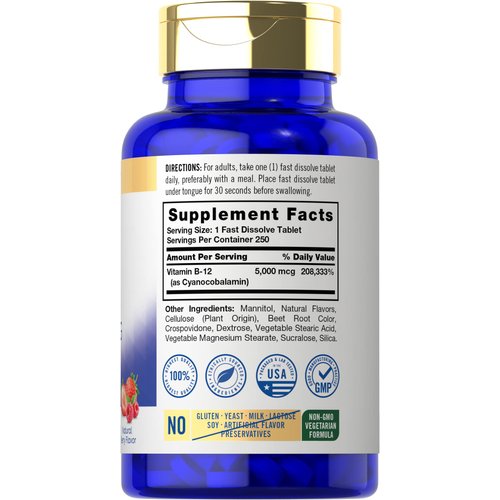 Carlyle Vitamin B12 5000mcg | 250 Fast Dissolve Tablets | Natural Berry Flavor | Vegetarian, Non-GMO, Gluten Free
