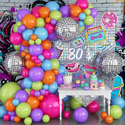 80s 90s Rock Theme Party Balloon Arch Kit, Neon Pink Purple Lime Green Orange Light Blue Latex Rainbow Balloons Garland, Colorful Balloons for Prom Disco Birthday Part Decoration Supplies