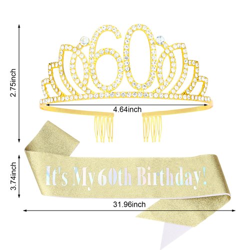 Ondder 60th Birthday Sash Gold Birthday Tiara and Sash for Women 60th Birthday Sash and Crown for Women It’s My 60th Birthday Sash Birthday Party Decorations Gifts for Her Party Favors Supplies