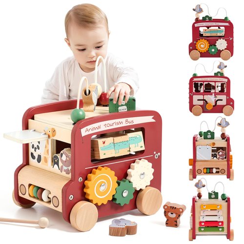 Wooden Activity Cube 8-in-1 Montessori Toys | Multifunctional Early Educational Learning Toys | Activity Cube for Baby Shape Sorter Xylophone Animal Travel Bus Toys Boy Girl Birthday Gift（Red Bus）