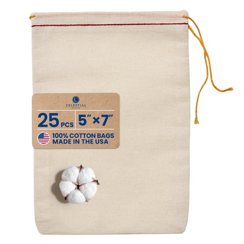 Celestial Gifts Muslin Bags - 100% Cotton Drawstring Bags Medium 25pcs, 5x7, Reusable Tea Bags, Jewelry Gift, Spice and Pouch Gift Sachet Bags - Made in USA - (Red Hem and Orange Drawstring)