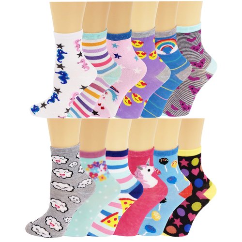 Ayla 12 Pairs Pack Kids Girls Colorful Creative Fun Novelty Design Crew Socks (6-8, Crazy Design)