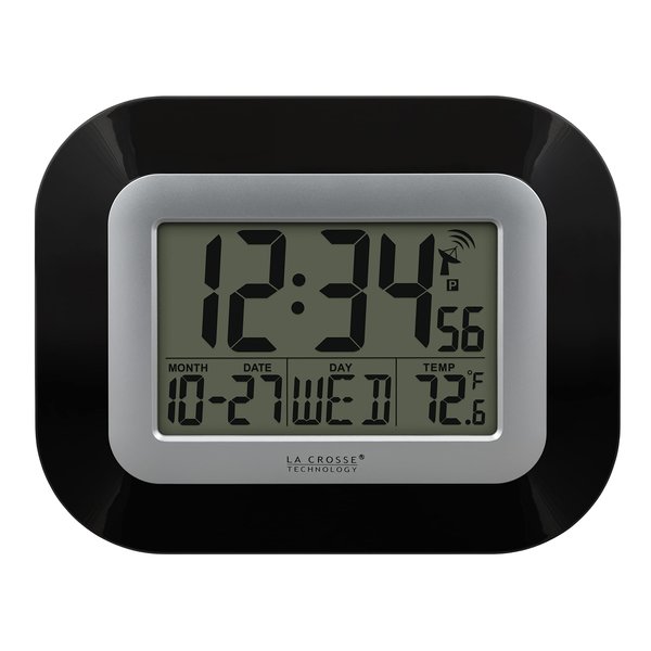 La Crosse Technology WT-8005U-B-INT Atomic Digital Wall Clock with Indoor Temperature, Black,