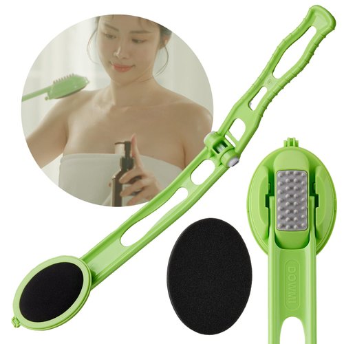 DOWMI Body Oil Applicator (2nd gen) - 19" Foldable Long Curved Handle, with Replaceable Brush Head, Spill Prevention Non-Toxic Washable Foam Pad – Perfect for Tanning and Body Oils, Includes 2 Pads