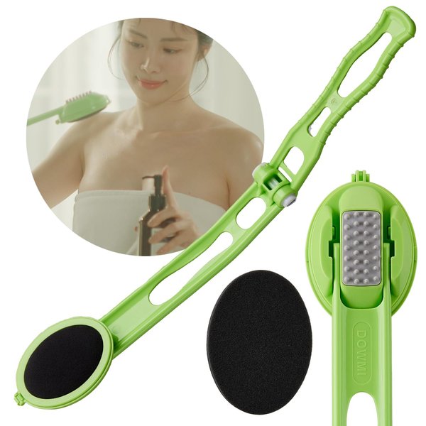 DOWMI Body Oil Applicator (2nd gen) - 19" Foldable Long Curved Handle, with Replaceable Brush Head, Spill Prevention Non-Toxic Washable Foam Pad – Perfect for Tanning and Body Oils, Includes 2 Pads