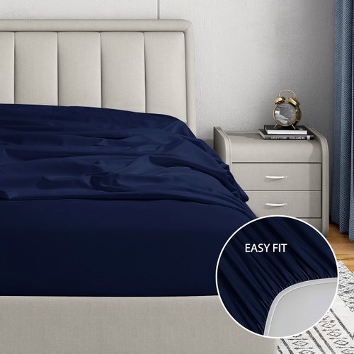 Cathay Home Luxury Wrinkle And Fade Resistant Double Brushed Ultra Soft Microfiber 14-inch Standard Pocket Single Fitted Sheet, Navy Blue, Full