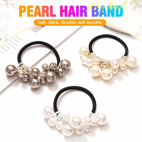 Fashey Pearl Hair Ties Beige Beaded Ponytail Holder 3 Pcs Pearls Hair Scrunchies Hair Accessories for Women (Beige)