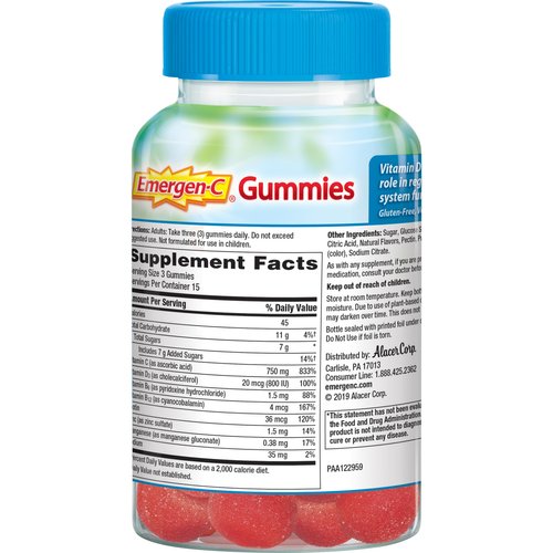 Emergen-C Immune+ Immune Gummies, Vitamin D Plus 750 mg Vitamin C, Immune Support Dietary Supplement, Caffeine Free, Gluten Free, Raspberry Flavor - 45 Count