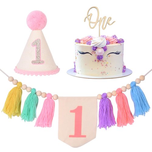 Bohemian 1st Birthday High Chair Banner Decoration Wooden Beads Tassel Colorful 1st Birthday Cone Hat Girl 1st Birthday Party Decoration Set with 1st Birthday Cake Birthday Insert