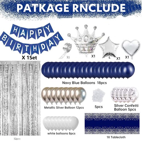 Navy Blue Birthday Party Decorations For Men-Navy Blue Silver White Latex Balloons,Foil Balloons,Birthday Banner, Fringe Curtains And Tablecloth For 20th 21st 22th 25th 30th 40th 50th 60th Decor