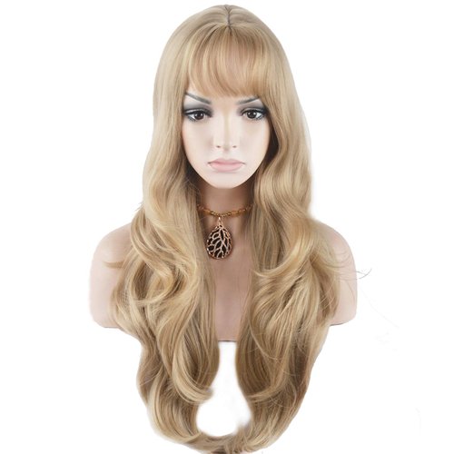 BERON 27 Inches Blonde Wig Long Wavy Wig Ash Blonde Wigs with Bangs for Women Gold Blonde Wig Synthetic Wig with Wig Cap