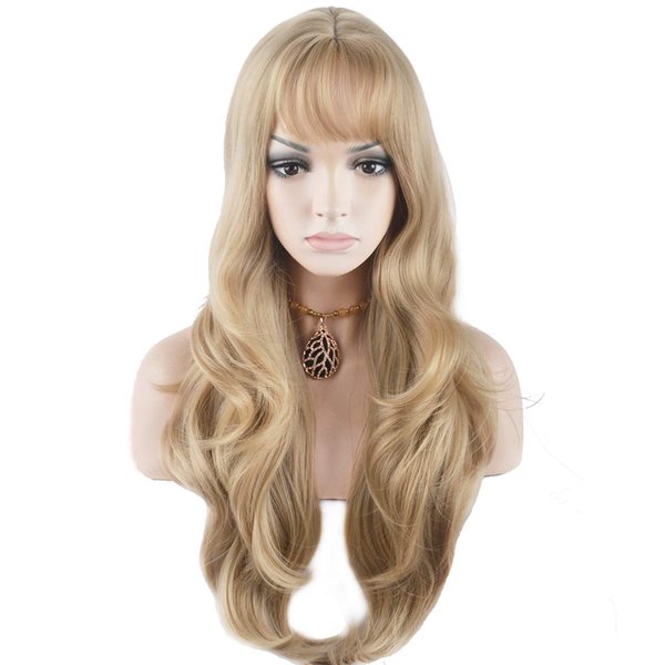 BERON 27 Inches Blonde Wig Long Wavy Wig Ash Blonde Wigs with Bangs for Women Gold Blonde Wig Synthetic Wig with Wig Cap