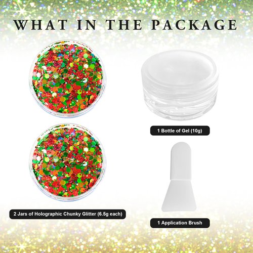 Red Green Gold Mixed Holographic Chunky Glitter, 13g (2 Jars x 6.5g) Crafts Glitter Powder with 10g Gel and Brush, Christmas Iridescent Nail Sequins Face Eye Glitter Tumblers DIY Decorations