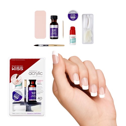 KISS French Acrylic False Nails Sculpture Kit, Natural & French Manicure, Extended Bubble-Free Nail Tips with Acrylic Liquid & Powder, Maximum Speed Nail Glue, Application Brush, & 40 Fake Nails