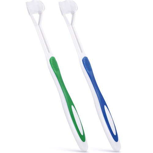 2 Pieces Autism Toothbrush Three Bristle Travel Toothbrush for Complete Teeth and Gum-Care, Great Angle Bristles Clean Each Tooth, Soft and Gentle (Green, Blue)