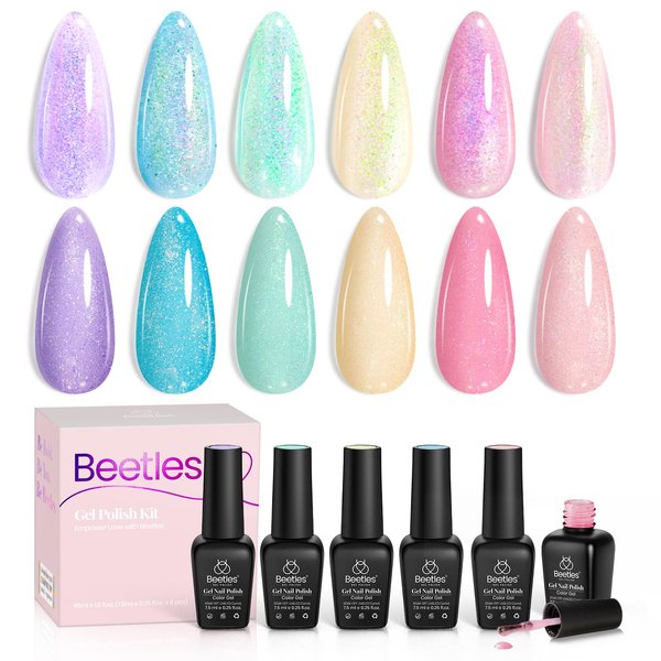 Beetles Glitter Gel Nail Polish Set Summer 6 Pcs Nebula Halo Chameleon Pastel Pink Purple Blue Glitter Gel Polish Soak Off Uv Nail Lamp Gel Polish Gifts for Women Girls