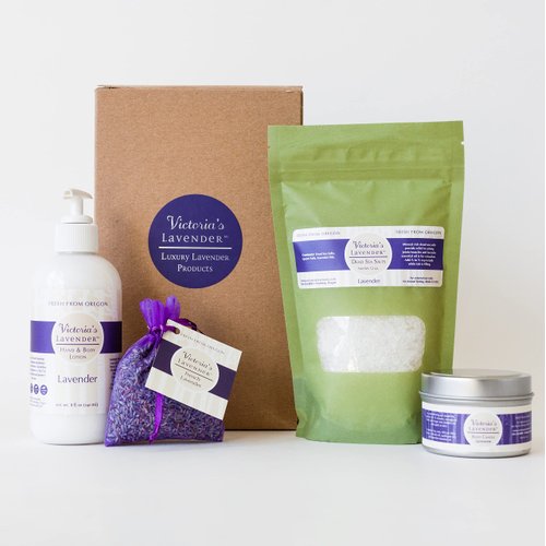 Victoria's Lavender Gift Basket for Women - Travel Massage Candle, Hand & Body Lotion, Bath Salts & Lavender Sachet, Skin Care Sets & Kits, Beauty Products for Women, Body Wash Set, Spa Kit