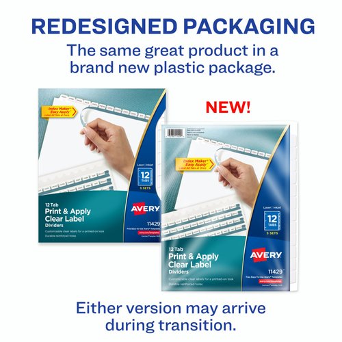 Avery 12-Tab Binder Dividers, Easy Print & Apply Clear Label Strip, Index Maker, White Tabs, 5 Sets (11429)