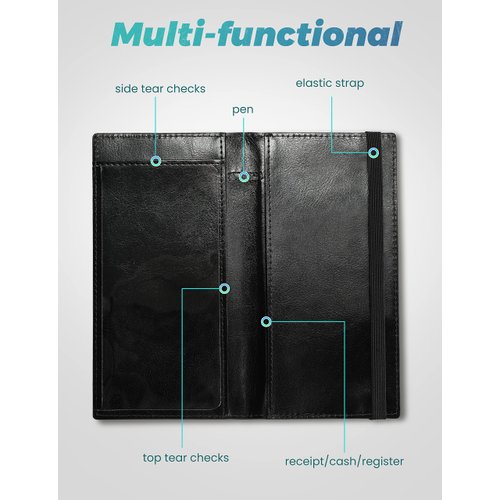 Yarnic Checkbook Cover for Personal Checkbook, Checkbook Holder with Pen Holder & Built-in Clear Plastic Divider for Duplicate Checks (Black & Rose Gold)