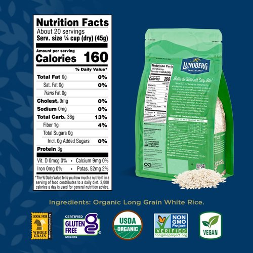 Lundberg White Rice, Organic Long Grain Rice - Non-Sticky, Fluffy Rice, Vegan Food, Healthy Meals, Gluten-Free Rice Grown in California, 32 Oz