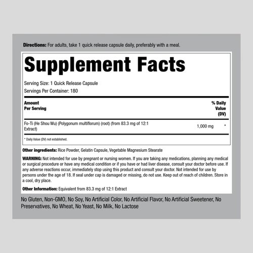 Piping Rock Fo-Ti Root Extract 1000 mg | 180 Capsules | He Shou Wu | Concentrated Herbal Supplement | Non-GMO, Gluten Free