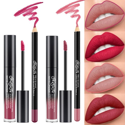 2 Colors Liquid Matte Lipstick and Lipliner Pack Set, Lip Tint Long Lasting 24 Hour Waterproof Velvet Nonstick Cup Lipgloss Lip Stain Pigmented Lip Makeup Gift Sets for Girls and Women Labiales