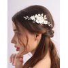 Teyglen Dainty White Flower Headpiece Silver Leaf Wedding Hair Comb Rhinestone Bridal Hair Piece Pearl Floral Side Comb Hair Accessories for Women