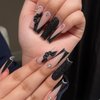 IMSOHOT Press on Nails Long Square Fake Nails Black French False Nail Tips Glossy Acrylic Nails with 3D Flower Charms Designs Full Cover Rhinestones Glitter Glue on Nails for Women 24Pcs