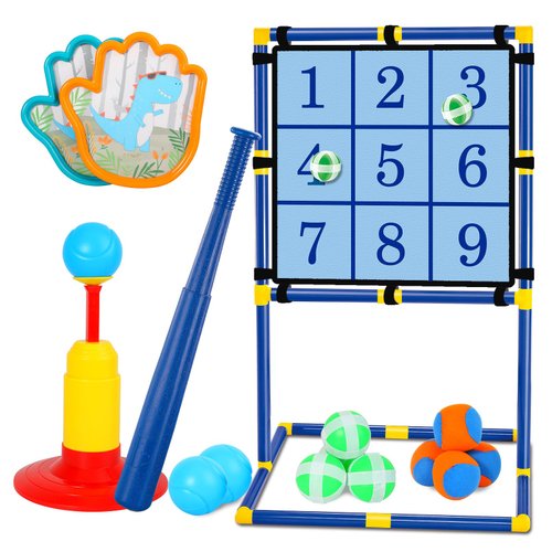 Baseball Tee Ball Set,3 in 1 T Ball Set Toys for Kids,Velcro Ball and Catch Game and 10 Balls, Toss and Catch Ball Outdoor Yard Game Auto Ball Launcher Toys Gifts for 3 4 5 6 14+ Year Old Kids