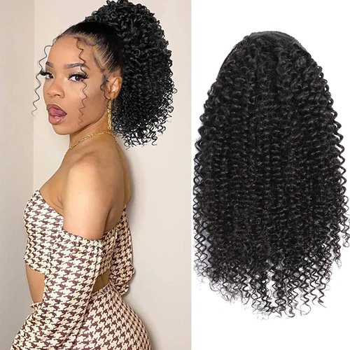 Short Curly Human Hair Ponytail Extension Wrap Drawstring Ponytails for Black Women Remy Human Hair Extensions Small Curly Ponytail with 2 Clips Natural Black (12 Inch)