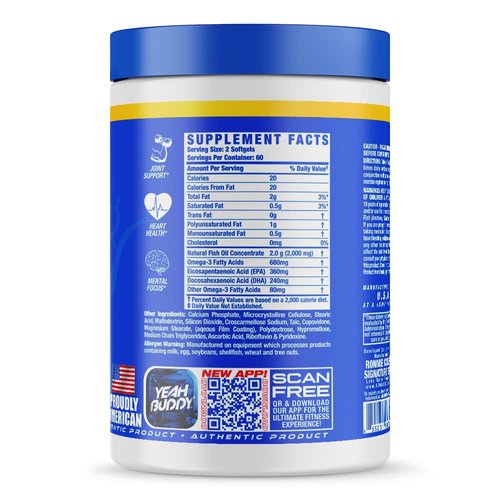 Ronnie Coleman Signature Series Fish Oil Supplement, Supplements, with EPA DHA & Omega-3, Joint, Focus, Heart Health and Brain Support, Omega 3 Fatty Acid Gel Capsules, 120 Softgels