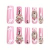 Rchovsam xl Press on Nails Square Extra Long Fake Nails Gold Butterfly Stick on Nails Glue on Nails Pink 3D Diamond Flowers Extra Long Press on Nails For Wemon and Girls 24pcs