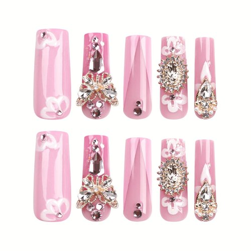 Rchovsam xl Press on Nails Square Extra Long Fake Nails Gold Butterfly Stick on Nails Glue on Nails Pink 3D Diamond Flowers Extra Long Press on Nails For Wemon and Girls 24pcs
