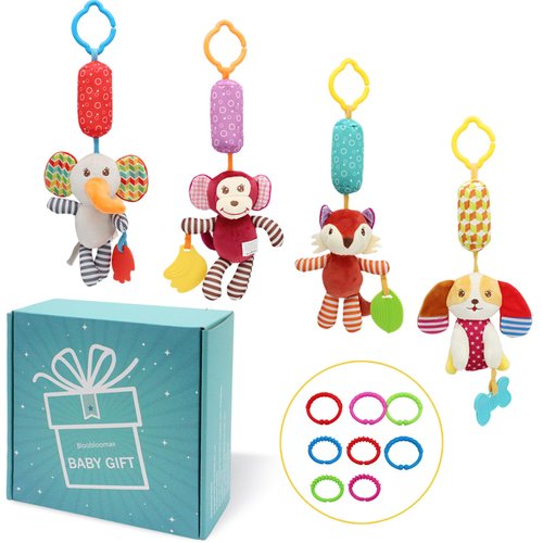 BLOOBLOOMAX Baby Car Seat Toys, Infant Soft Plush Rattle, Cute Animal Doll,Early Development Hanging Stroller Toys for Newborn Boys Girls Gifts (12 PCS)