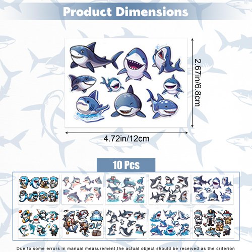 10 Sheets Shark Temporary Tattoos for Kids, Waterproof Shark Tattoos, Cartoon Ocean Animal Designs for Boys and Girls, Cute Beach and Under the Sea Party Favors, Summer Birthday Party Decorations