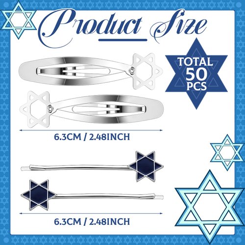 FineCheer 48 Pcs Kippah Hat Hair Clip Set Metal Head Fasteners Jewish Star of David Hair Clips for Jewish Kippah Yarmulke Hat