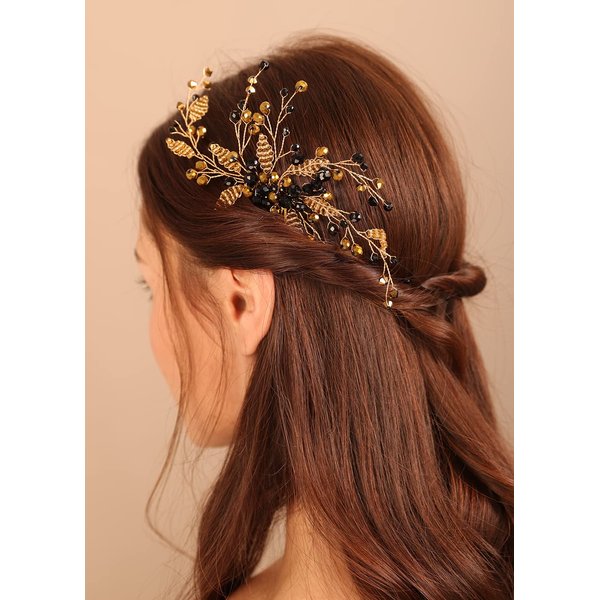 Kercisbeauty Boho Black Crystal Hair Comb for Wedding Brides Bridesmaid Gold Beads Hair Piece for Women and Girls